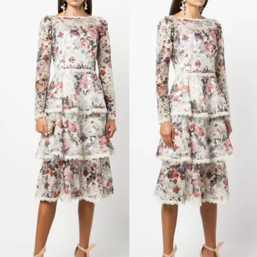 MARCHESA NOTE | Floral Lace Tiered Dress | long sleeves midi dress | size 6